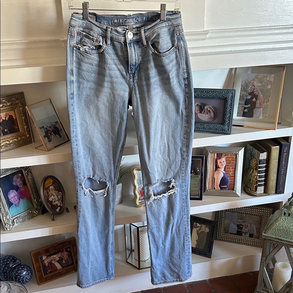 American Eagle Outfitters Light Blue Ripped Straight Leg Jeans